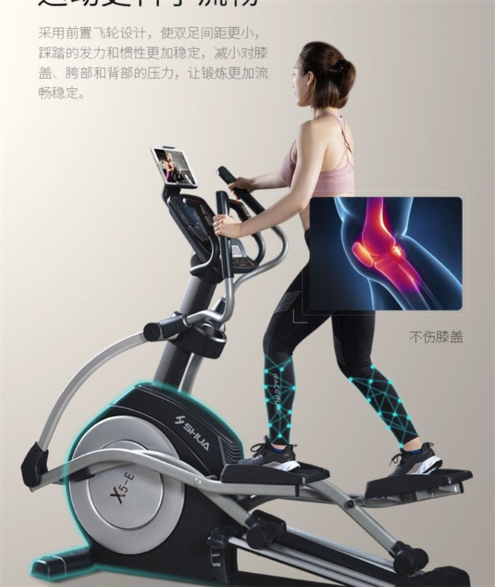 家用椭圆机SH-B6500E采用电磁控系统，设有24段阻力等级，手握心律片侦测心率，7kg磁控轮。
