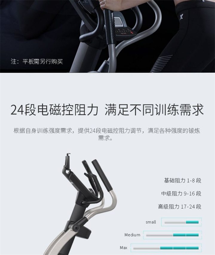 家用椭圆机SH-B6500E采用电磁控系统，设有24段阻力等级，手握心律片侦测心率，7kg磁控轮。