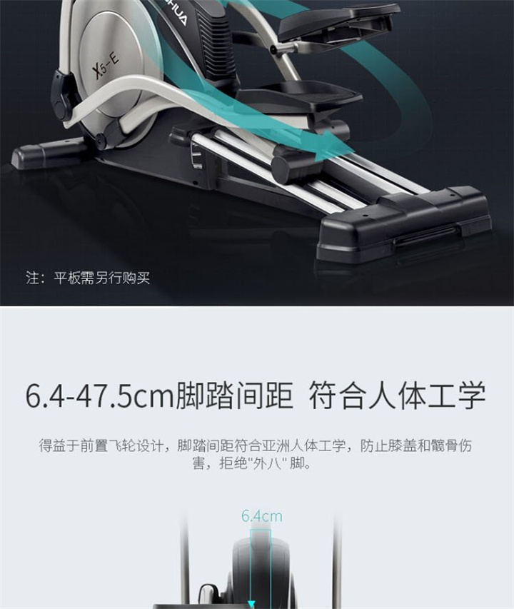家用椭圆机SH-B6500E采用电磁控系统，设有24段阻力等级，手握心律片侦测心率，7kg磁控轮。
